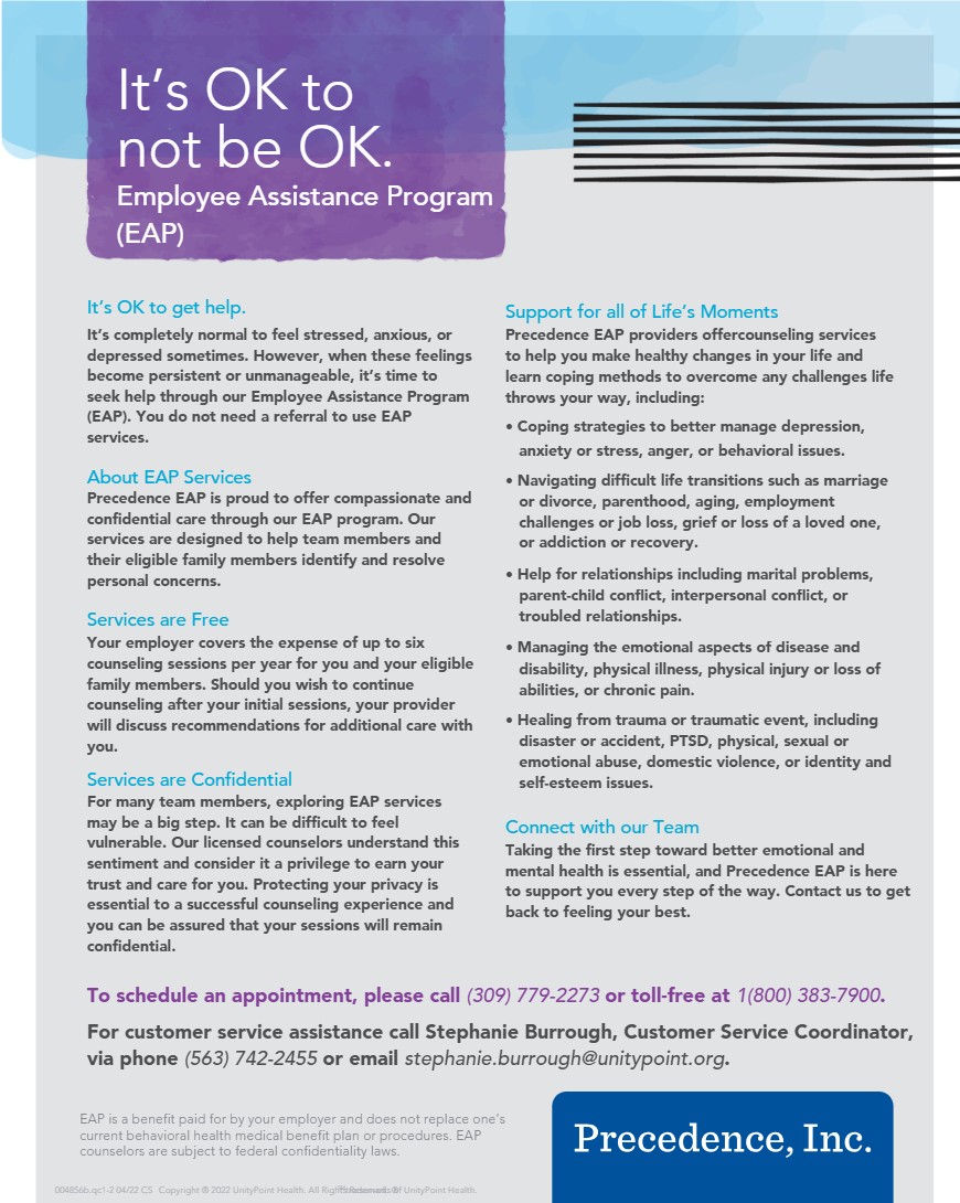 Brochure for Precedence, Inc. Employee Assistance Program stating “It’s OK to not be OK,” describing free, confidential counseling services, life-challenge support, and contact information to schedule an appointment.